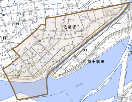 佐藤塚とその周辺の地図。町の範囲を重ねている