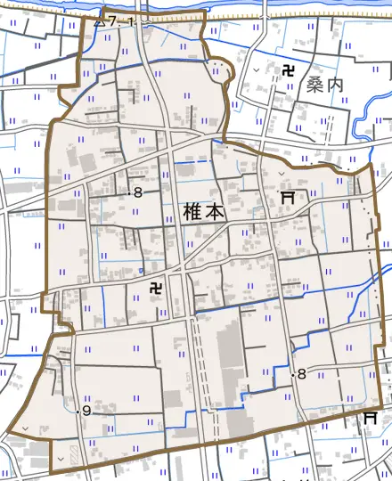 椎本とその周辺の地図。町の範囲を重ねている
