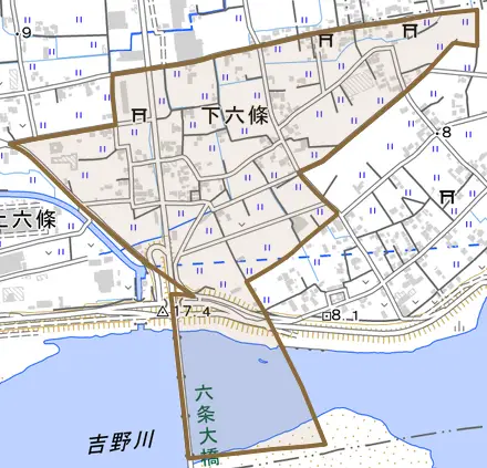 下六條とその周辺の地図。町の範囲を重ねている