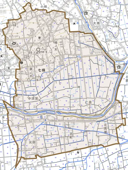 七條とその周辺の地図。町の範囲を重ねている