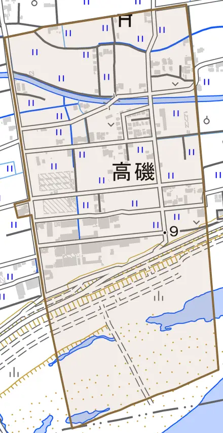 高磯とその周辺の地図。町の範囲を重ねている