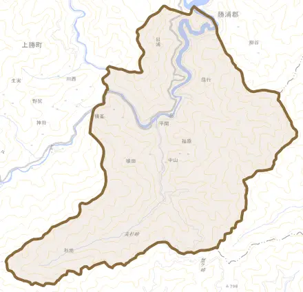 大字福原とその周辺の地図。町の範囲を重ねている
