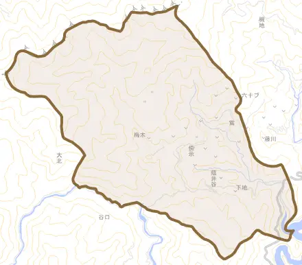 大字傍示とその周辺の地図。町の範囲を重ねている