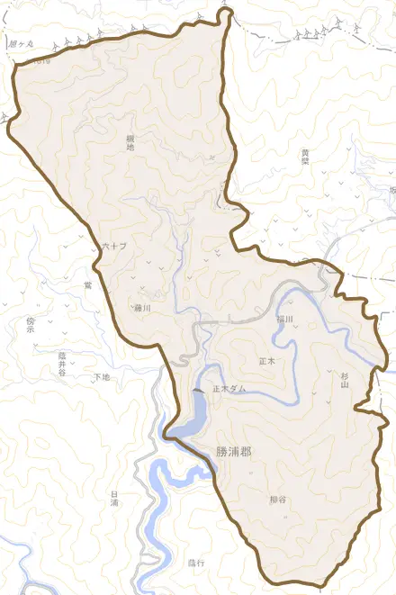 大字正木とその周辺の地図。町の範囲を重ねている