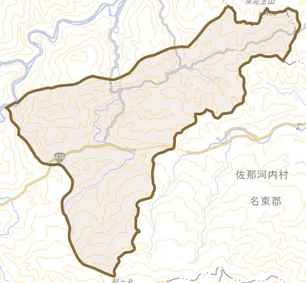 鬼籠野とその周辺の地図。町の範囲を重ねている