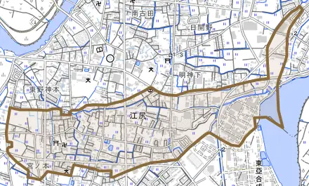 江尻とその周辺の地図。町の範囲を重ねている