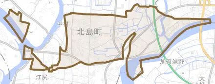 中村とその周辺の地図。町の範囲を重ねている