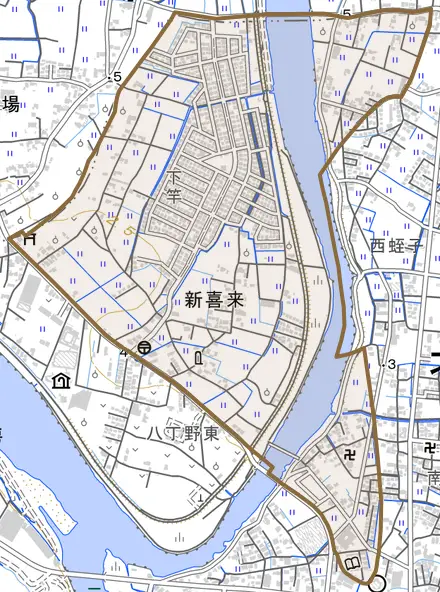 新喜来とその周辺の地図。町の範囲を重ねている