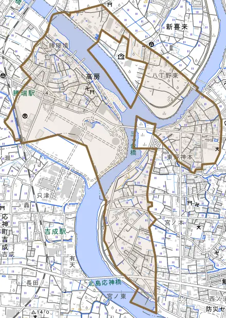 高房とその周辺の地図。町の範囲を重ねている