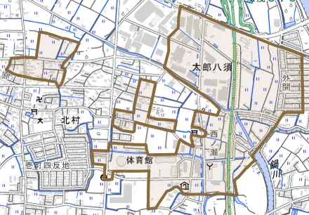 太郎八須とその周辺の地図。町の範囲を重ねている