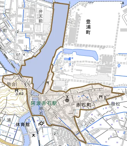 赤石町とその周辺の地図。町の範囲を重ねている