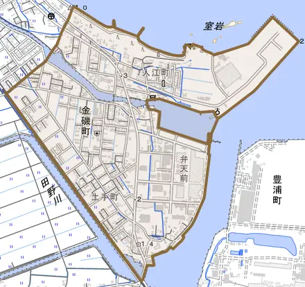 金磯町とその周辺の地図。町の範囲を重ねている