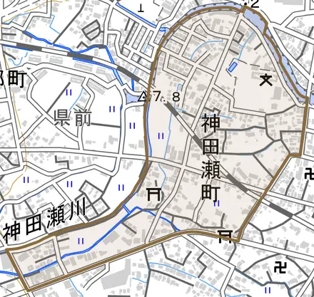 神田瀬町とその周辺の地図。町の範囲を重ねている