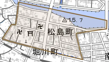 松島町とその周辺の地図。町の範囲を重ねている