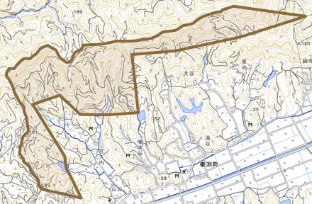 櫛渕町とその周辺の地図。町の範囲を重ねている
