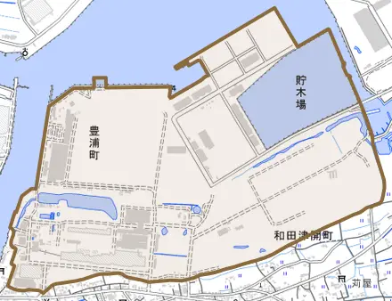 豊浦町とその周辺の地図。町の範囲を重ねている