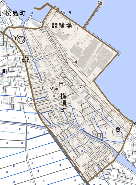 横須町とその周辺の地図。町の範囲を重ねている