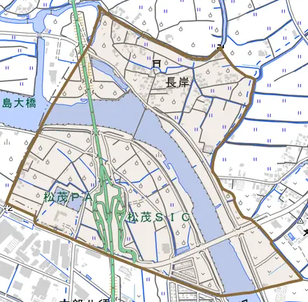 長岸とその周辺の地図。町の範囲を重ねている