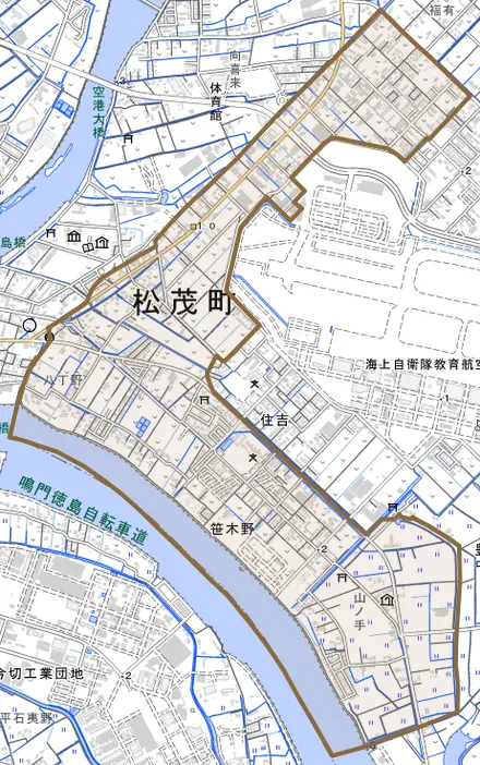 笹木野とその周辺の地図。町の範囲を重ねている