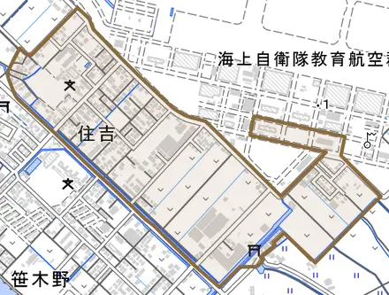 住吉とその周辺の地図。町の範囲を重ねている