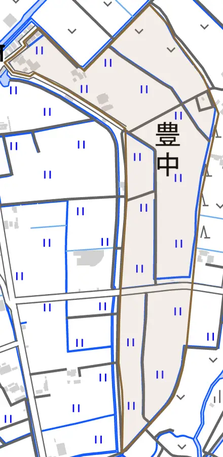 豊中とその周辺の地図。町の範囲を重ねている