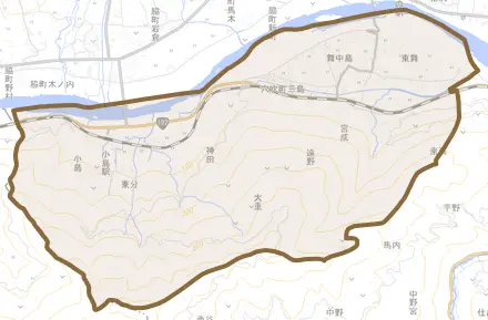 穴吹町三島とその周辺の地図。町の範囲を重ねている