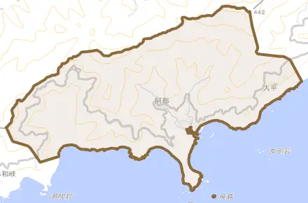 阿部とその周辺の地図。町の範囲を重ねている