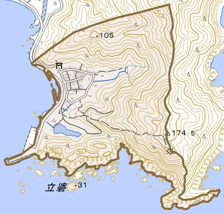 恵比須浜とその周辺の地図。町の範囲を重ねている