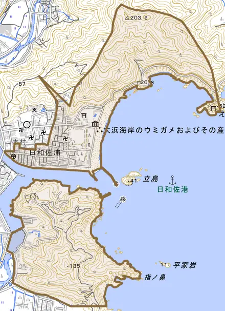 日和佐浦とその周辺の地図。町の範囲を重ねている