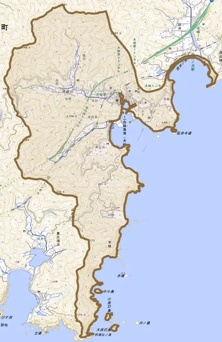 木岐とその周辺の地図。町の範囲を重ねている