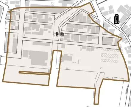 港町とその周辺の地図。町の範囲を重ねている