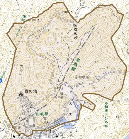 西の地とその周辺の地図。町の範囲を重ねている