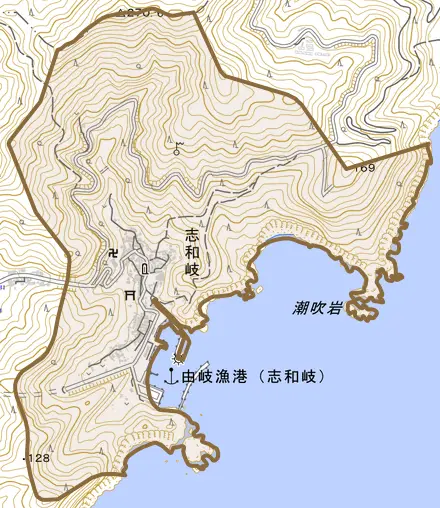 志和岐とその周辺の地図。町の範囲を重ねている