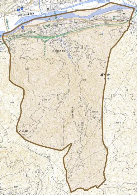井川町西井川とその周辺の地図。町の範囲を重ねている