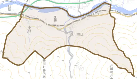 井川町辻とその周辺の地図。町の範囲を重ねている