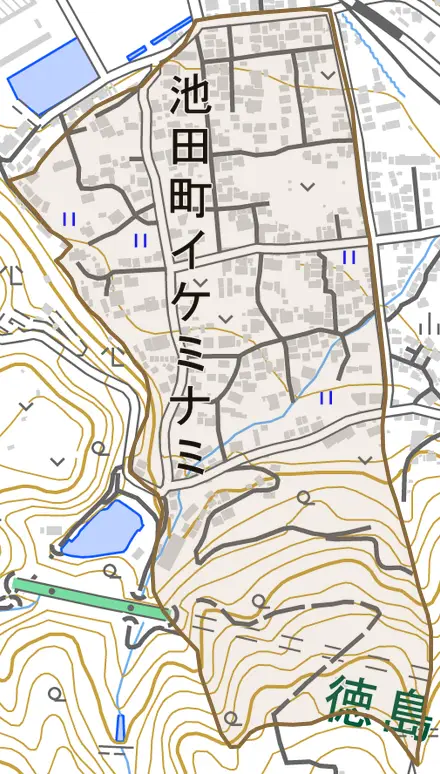 池田町イケミナミとその周辺の地図。町の範囲を重ねている
