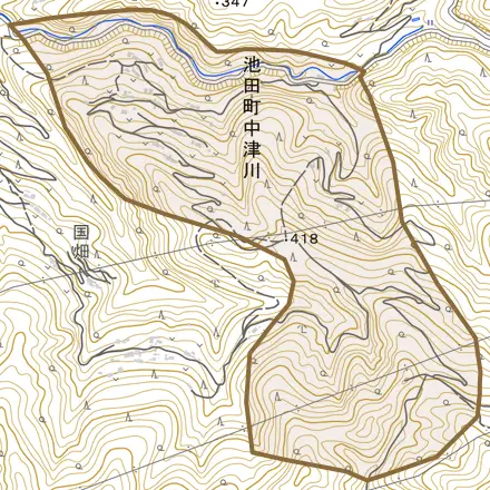 池田町中津川とその周辺の地図。町の範囲を重ねている