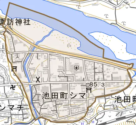 池田町シマとその周辺の地図。町の範囲を重ねている