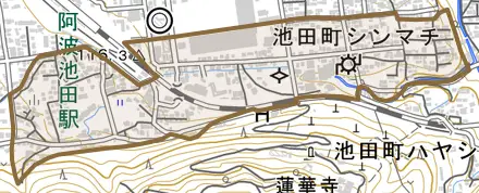 池田町シンマチとその周辺の地図。町の範囲を重ねている