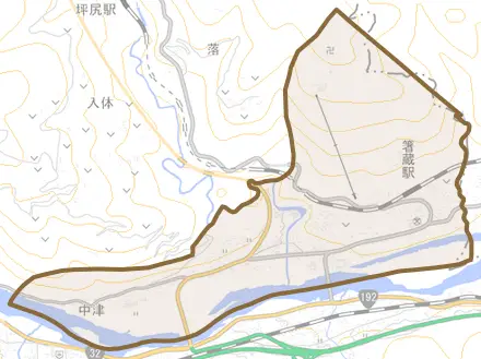 池田町州津とその周辺の地図。町の範囲を重ねている