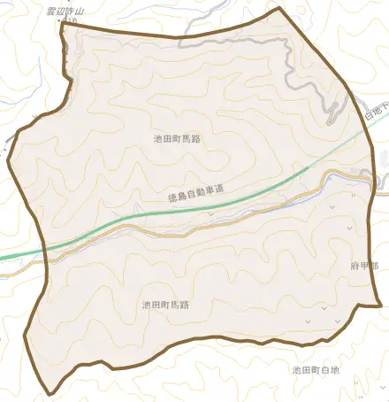 池田町馬路とその周辺の地図。町の範囲を重ねている