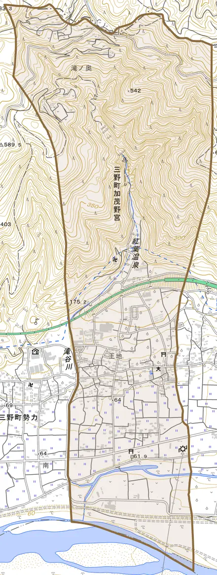 三野町加茂野宮とその周辺の地図。町の範囲を重ねている