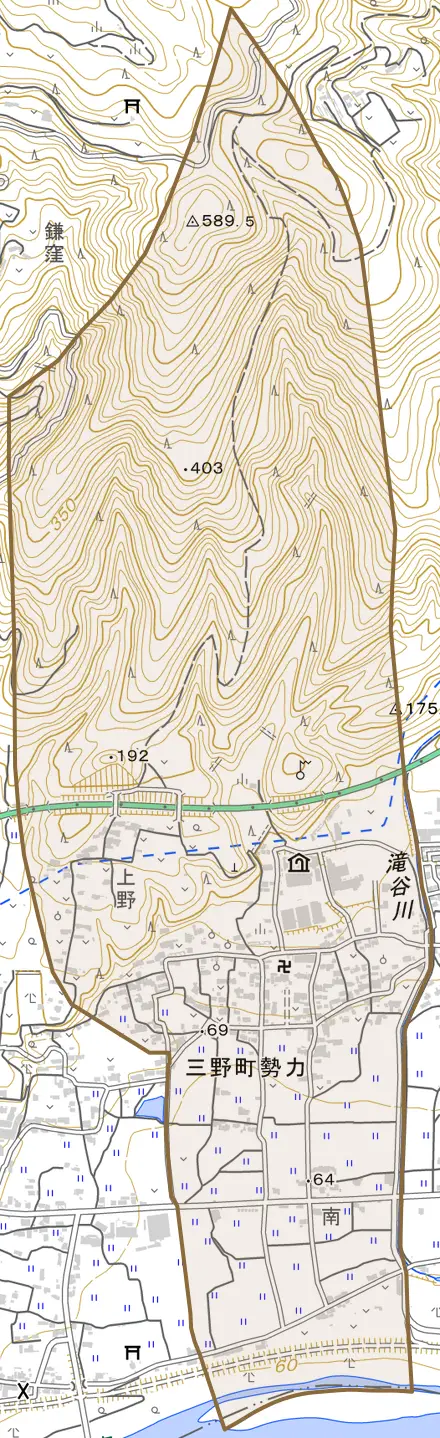 三野町勢力とその周辺の地図。町の範囲を重ねている