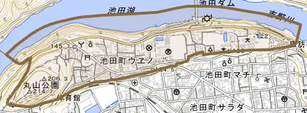 池田町ウヱノとその周辺の地図。町の範囲を重ねている