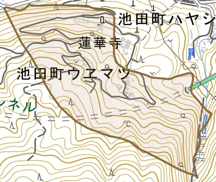 池田町ウヱマツとその周辺の地図。町の範囲を重ねている