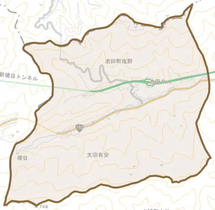 池田町佐野とその周辺の地図。町の範囲を重ねている