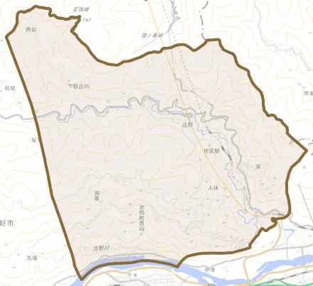 池田町西山とその周辺の地図。町の範囲を重ねている
