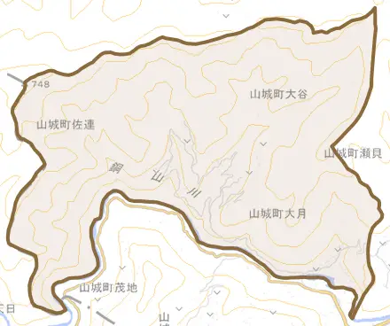 山城町佐連とその周辺の地図。町の範囲を重ねている