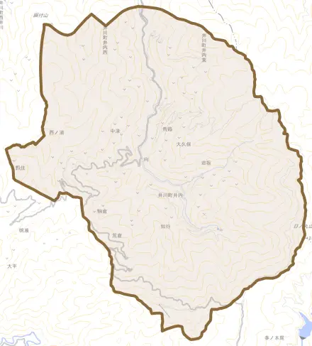 井川町井内とその周辺の地図。町の範囲を重ねている