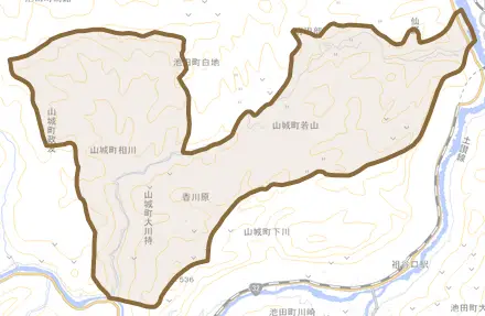 山城町相川とその周辺の地図。町の範囲を重ねている